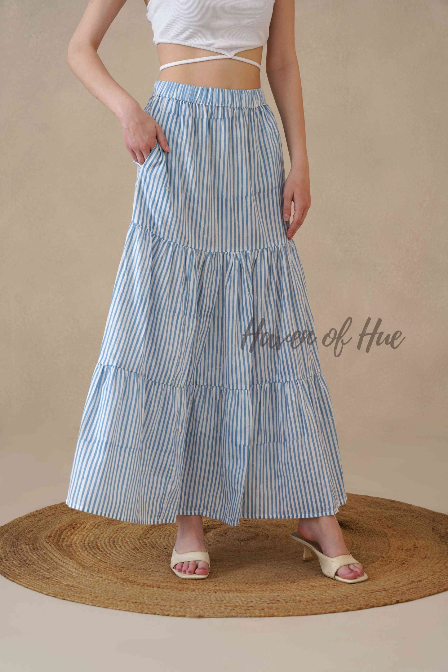 Women's Blue and White Striped Cotton Boho Tiered Maxi Skirt for Summer