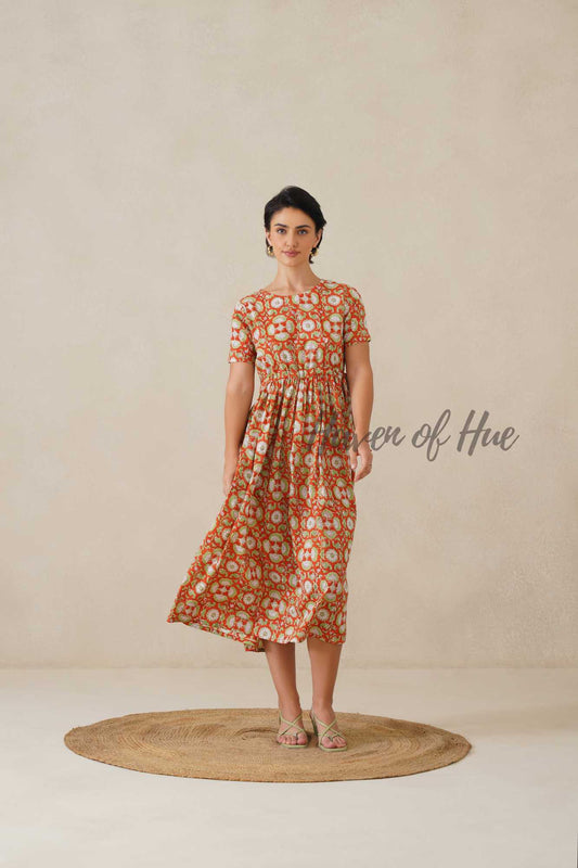 Orange Floral Hand Block Printed Cotton Midi Dress