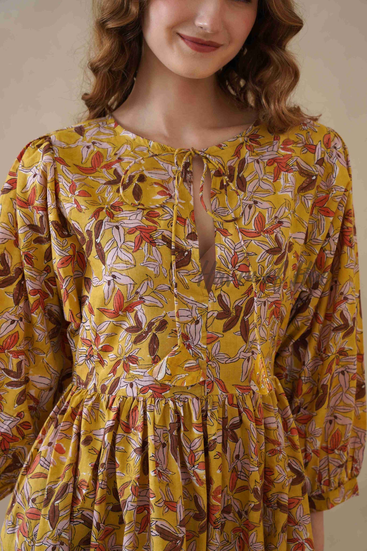 Yellow Floral Cotton Midi Dress with Long Sleeves