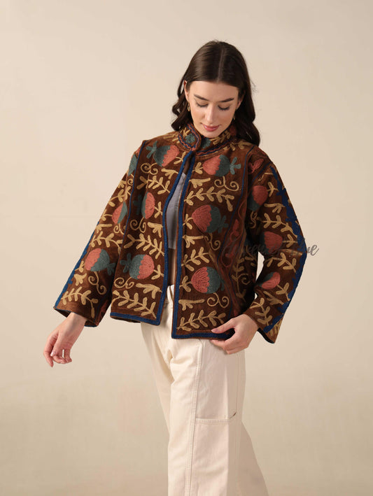 Brown Suzani Velvet Jacket Teal Floral Embroidered Boho Artisanal Statement Coat