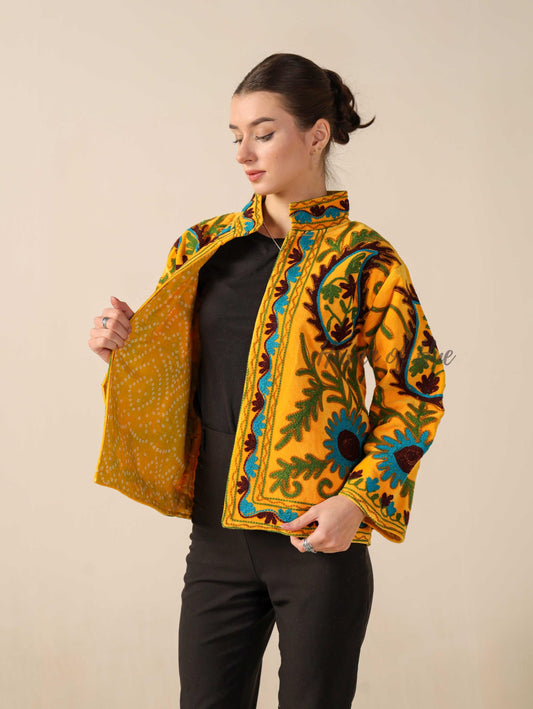 Women's Yellow Suzani Velvet Jacket Teal Floral Embroidered Boho Coat