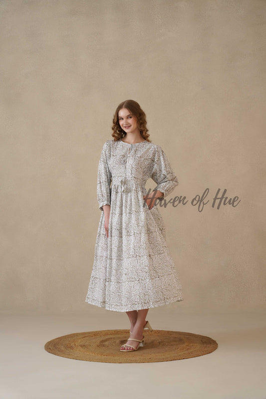 Grey Block Print Cotton Dress with Full Sleeves