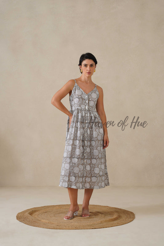 Women Cotton Tunic Top - Hand Block Print Cami Dress - Grey Floral Boho Tunic - Artisan Sleeveless Relaxed Fit Summer Dress