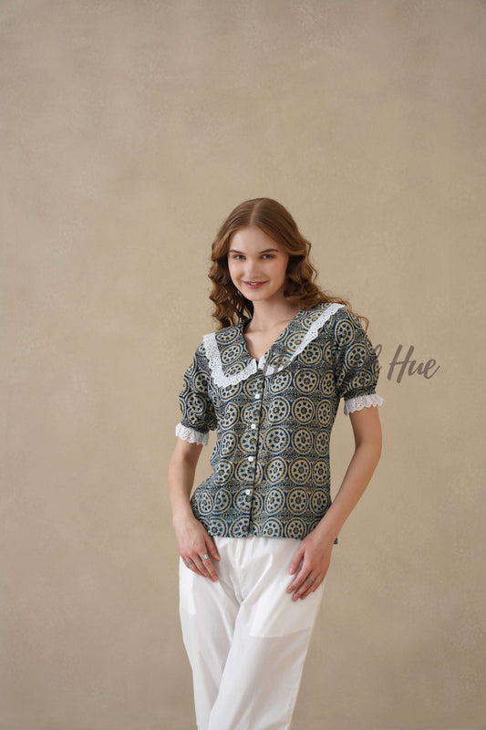 Women’s Indigo Blue Floral Cotton Summer Top with Lace Collar Detail
