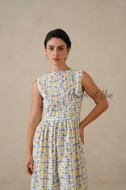 Geometric Pastel Cotton Dress | Sleeveless Boat Neck Midi Dress | Abstract Multi-Color Printed A-Line Summer Sundress