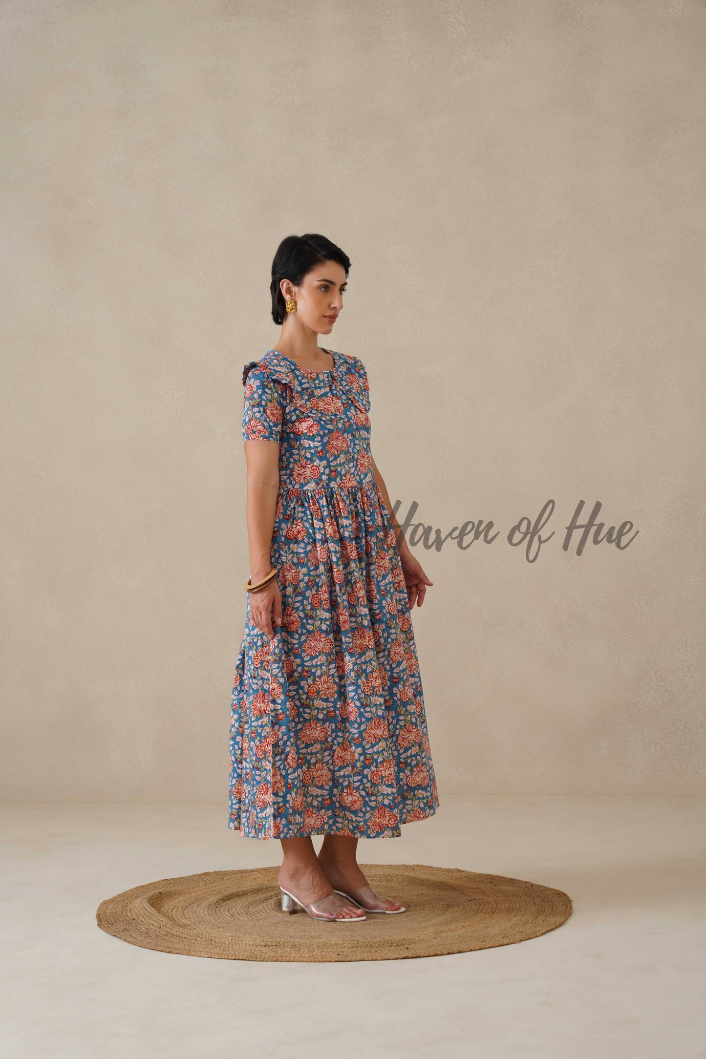 Floral Cotton Midi Dress with Short Sleeves - Vintage Boho Print Summer Day Dress for Women - Relaxed Fit Blue A-Line Dress