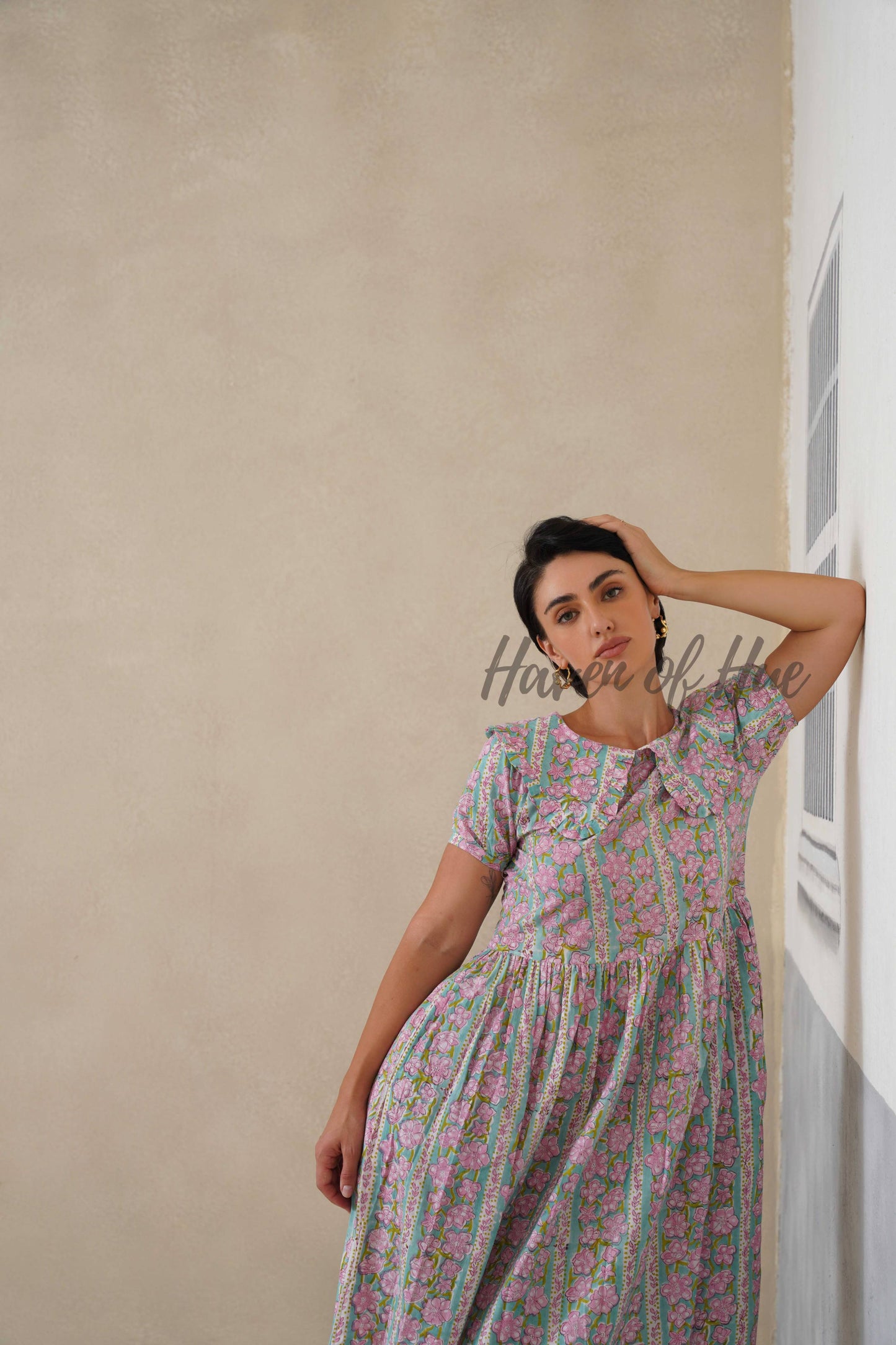 Pink Floral Cotton Dress | Vintage Ruffle Collar Midi Dress | Boho Summer Short Sleeve Relaxed Fit Smock Dress