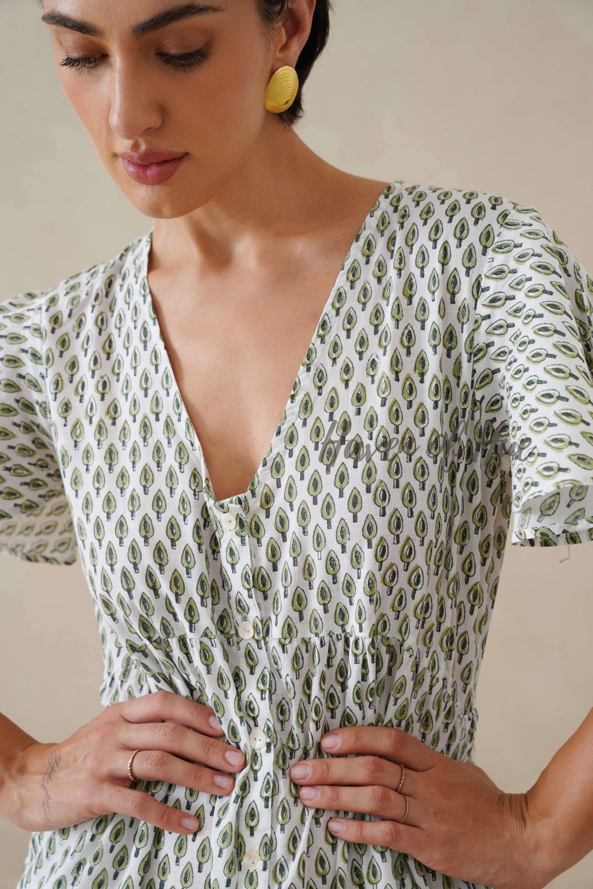 Sage Green Floral Block Print Cotton Midi Dress - Boho Summer Tiered
