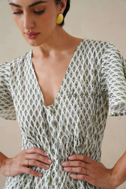 Sage Green Floral Block Print Cotton Midi Dress - Boho Summer Tiered