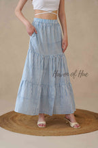 Women's Blue and White Striped Cotton Boho Tiered Maxi Skirt for Summer