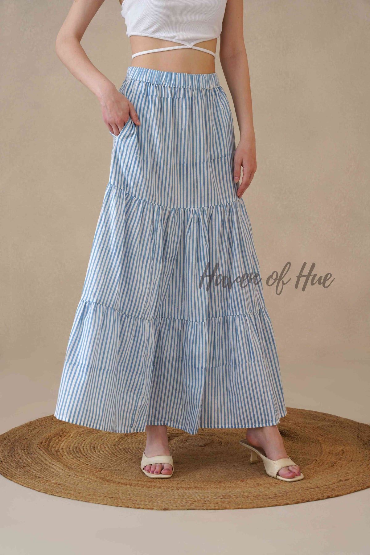 Women's Blue and White Striped Cotton Boho Tiered Maxi Skirt for Summer