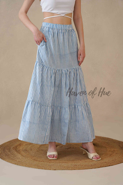 Women's Blue and White Striped Cotton Boho Tiered Maxi Skirt for Summer