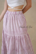 Women's Pink and White Striped Cotton Boho Tiered Maxi Skirt for Summer