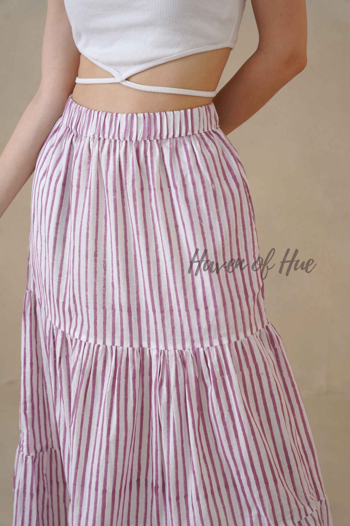 Women's Pink and White Striped Cotton Boho Tiered Maxi Skirt for Summer