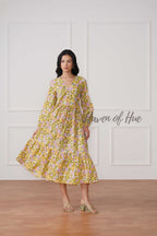Yellow Floral Cotton Midi Dress - Boho Long Sleeve Cottagecore Dress