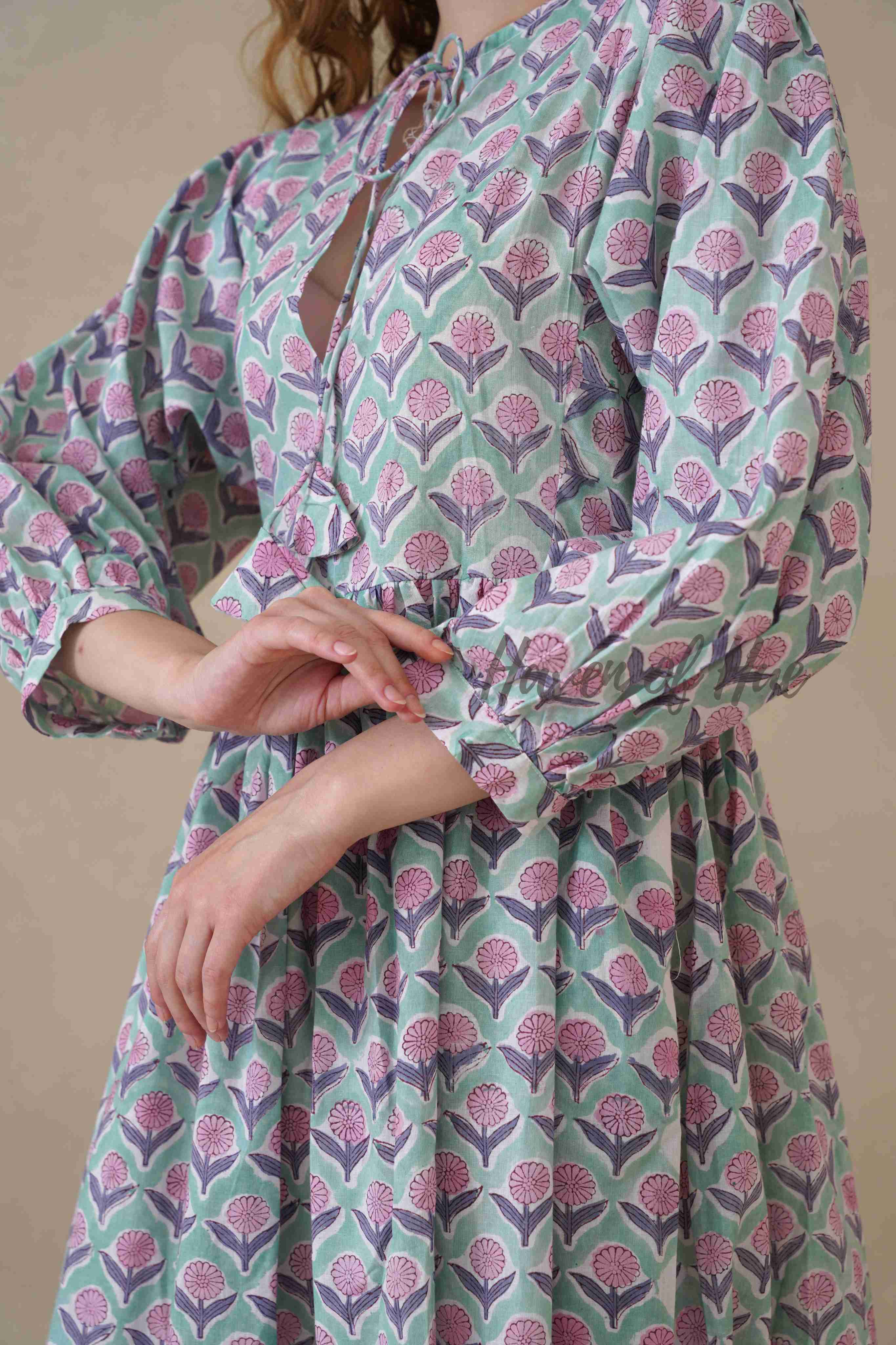 Green Full Sleeve Cotton Dress with Floral Print