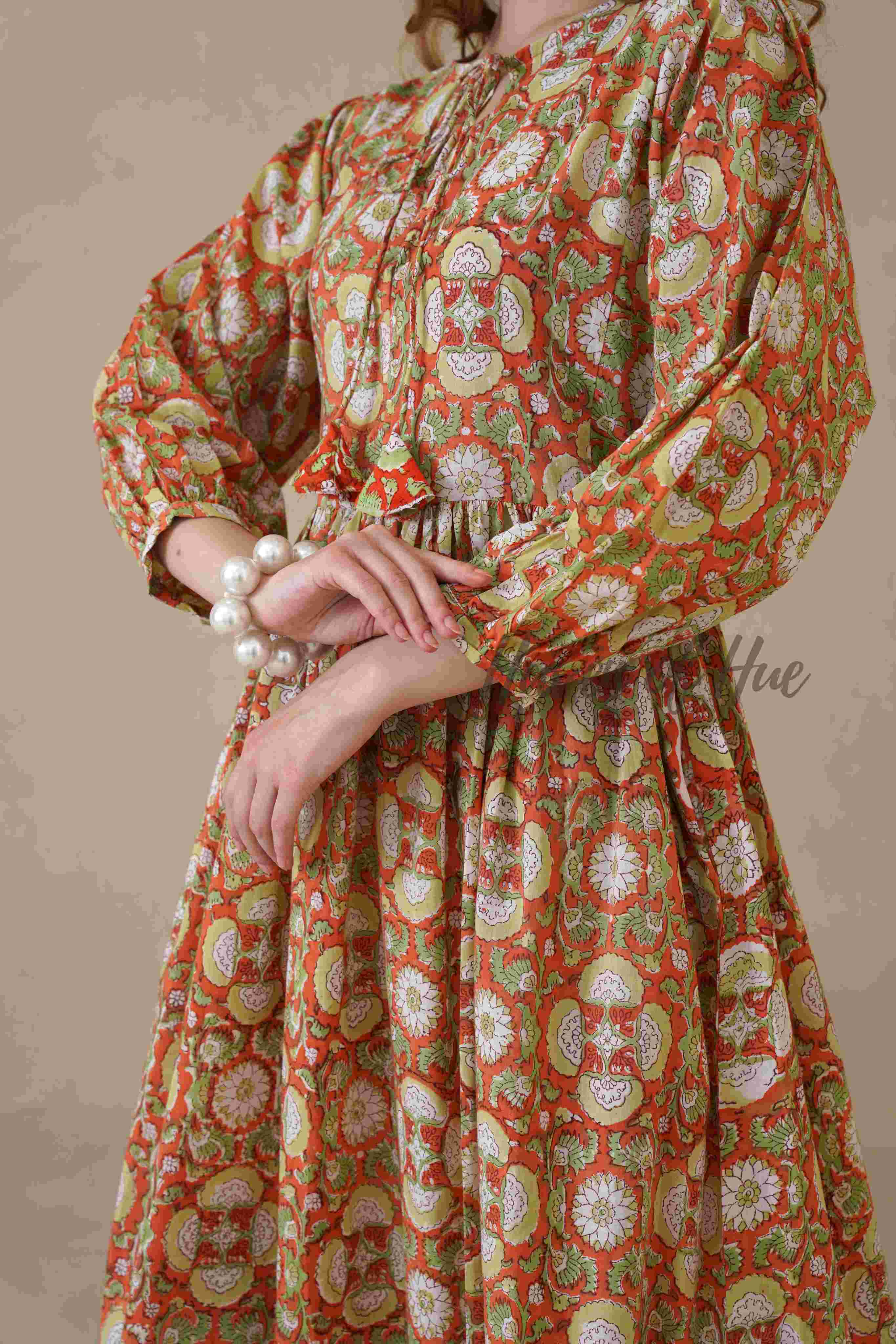 Orange Full Sleeve Cotton Dress with Floral Print