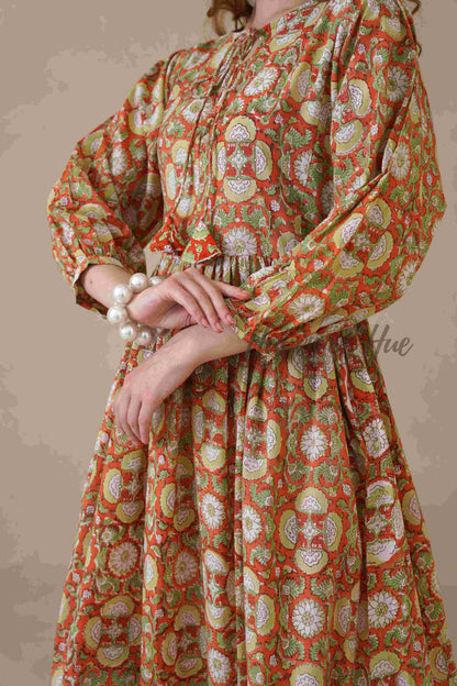 Orange Full Sleeve Cotton Dress with Floral Print