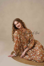 Orange Full Sleeve Cotton Dress with Floral Print