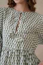 Green Full Sleeve Cotton Dress with Geometric Print