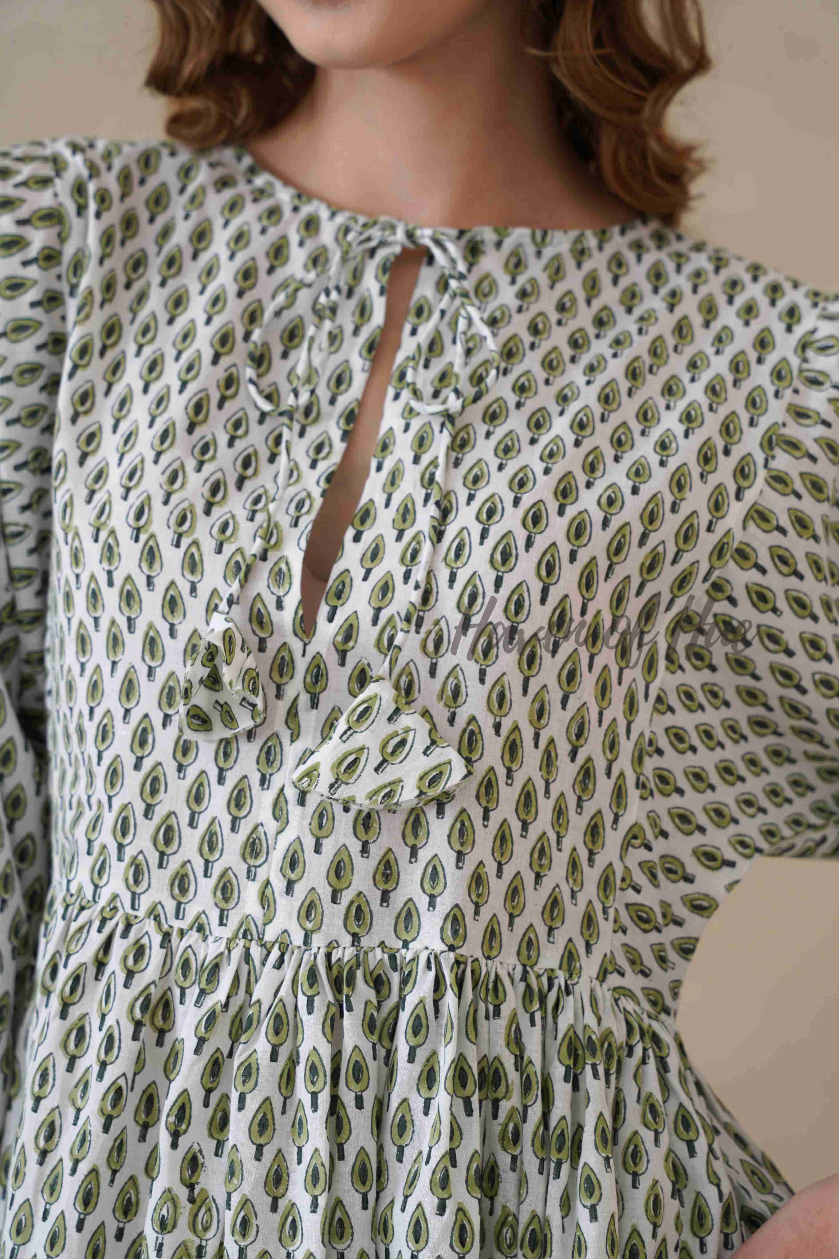 Green Full Sleeve Cotton Dress with Geometric Print