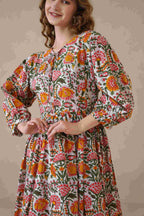 Multicolor Round Neck Cotton Dress with Full Sleeves