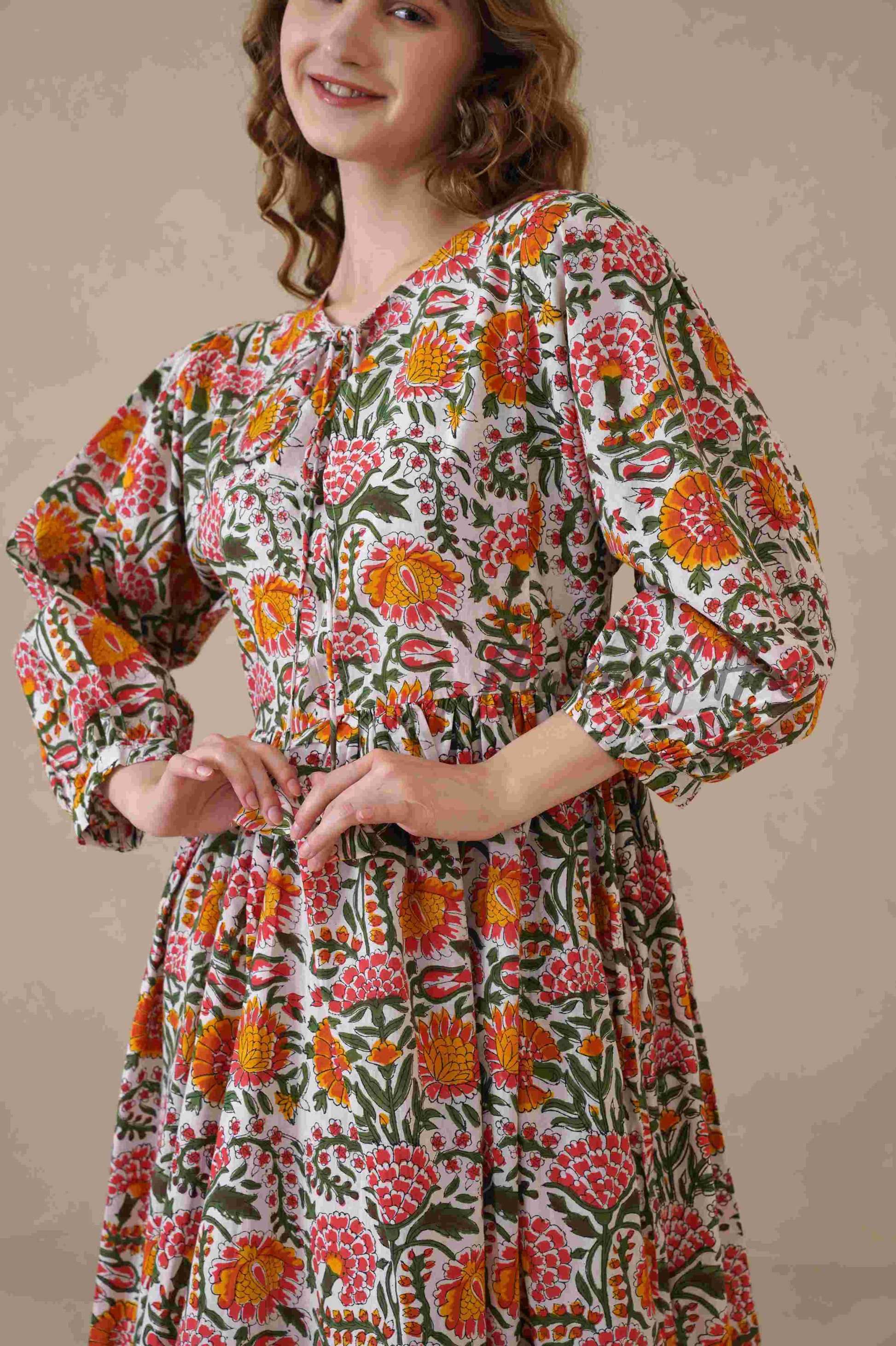 Multicolor Round Neck Cotton Dress with Full Sleeves