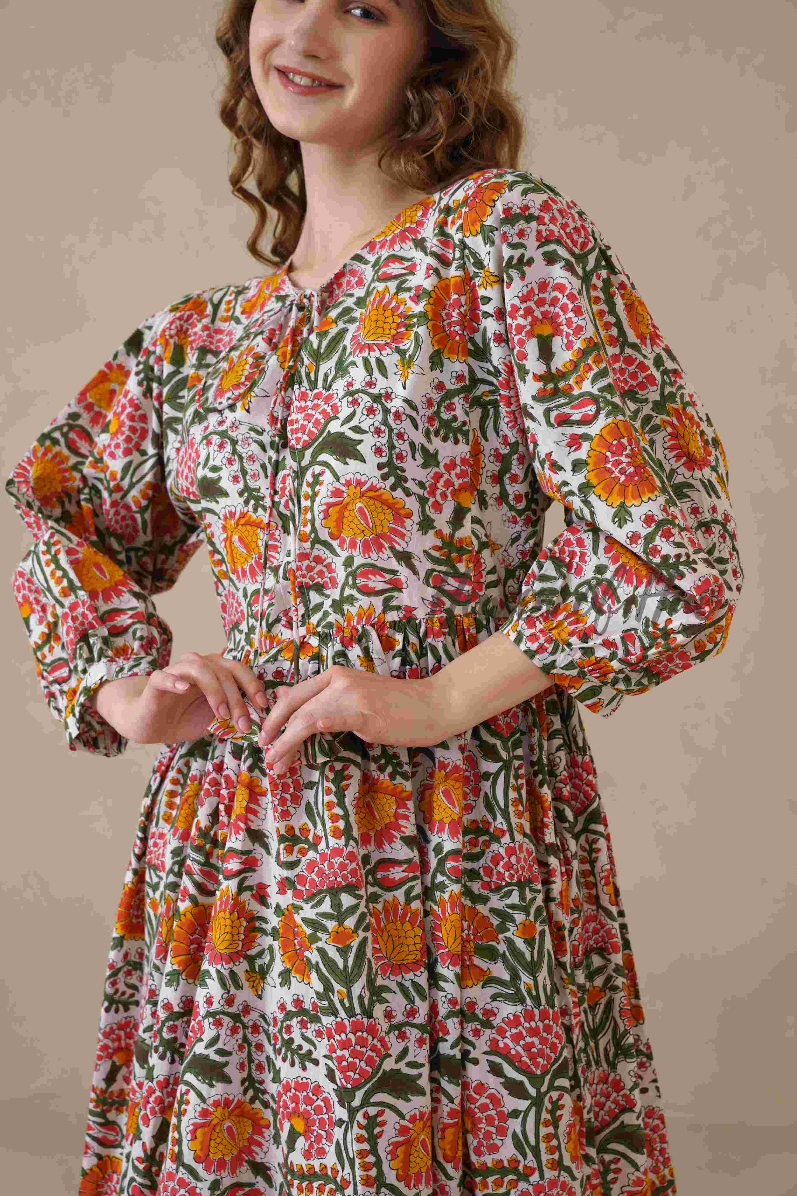Multicolor Round Neck Cotton Dress with Full Sleeves