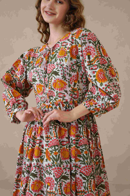 Multicolor Round Neck Cotton Dress with Full Sleeves
