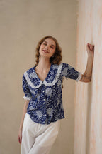 Women's Blue Floral Cotton Summer Top with Elegant Lace Collar