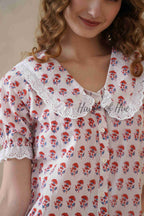 Women’s Red Floral Cotton Summer Top with Lace Peter Pan Collar