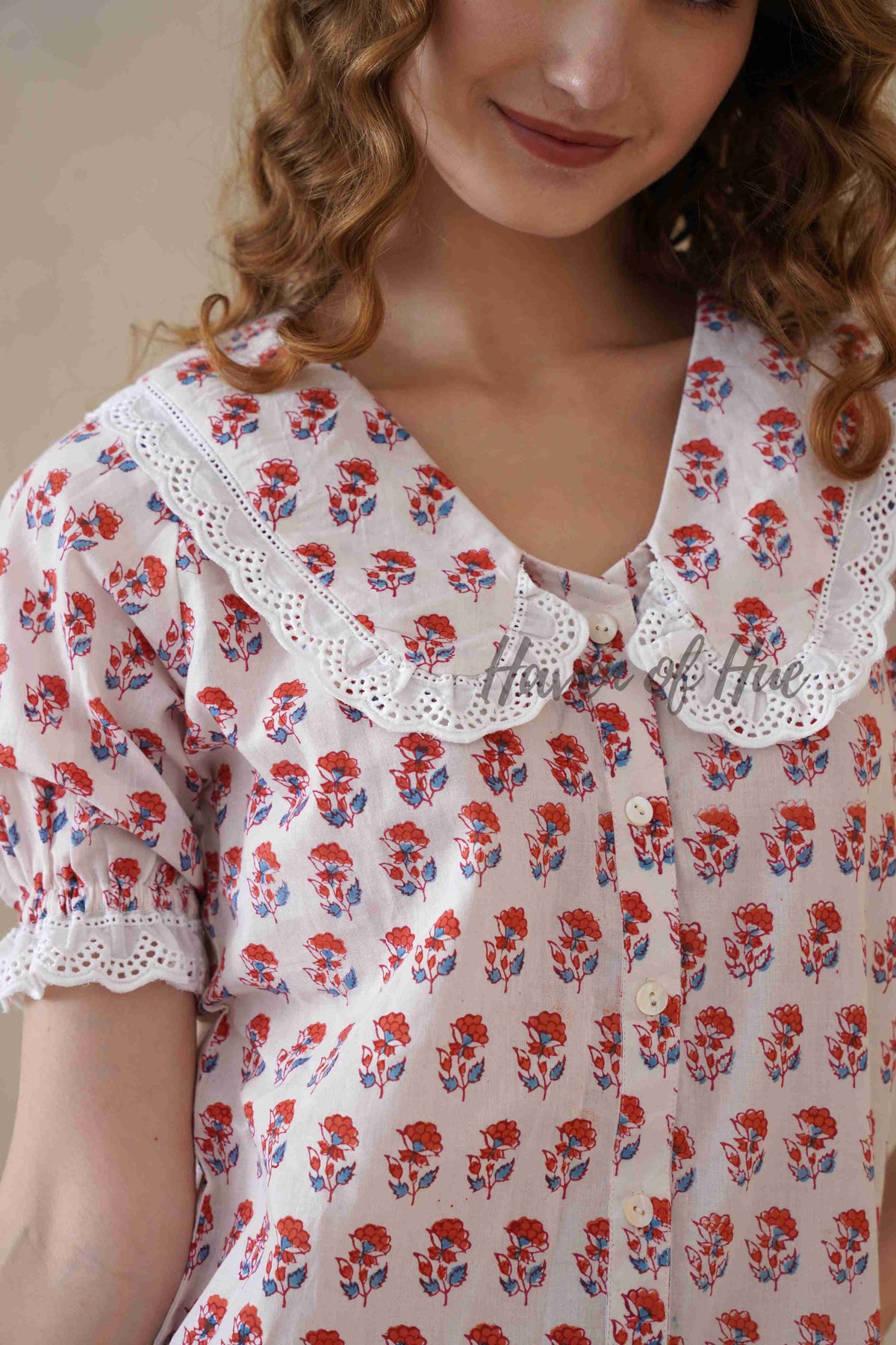 Women’s Red Floral Cotton Summer Top with Lace Peter Pan Collar