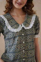 Women’s Indigo Blue Floral Cotton Summer Top with Lace Collar Detail