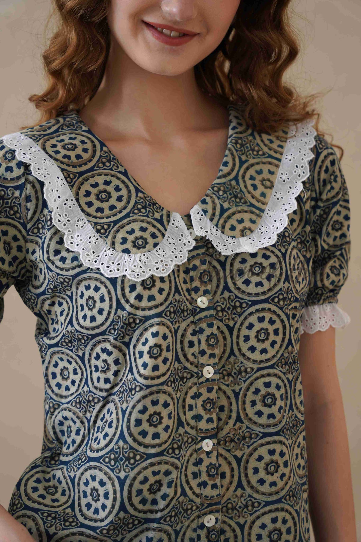 Women’s Indigo Blue Floral Cotton Summer Top with Lace Collar Detail