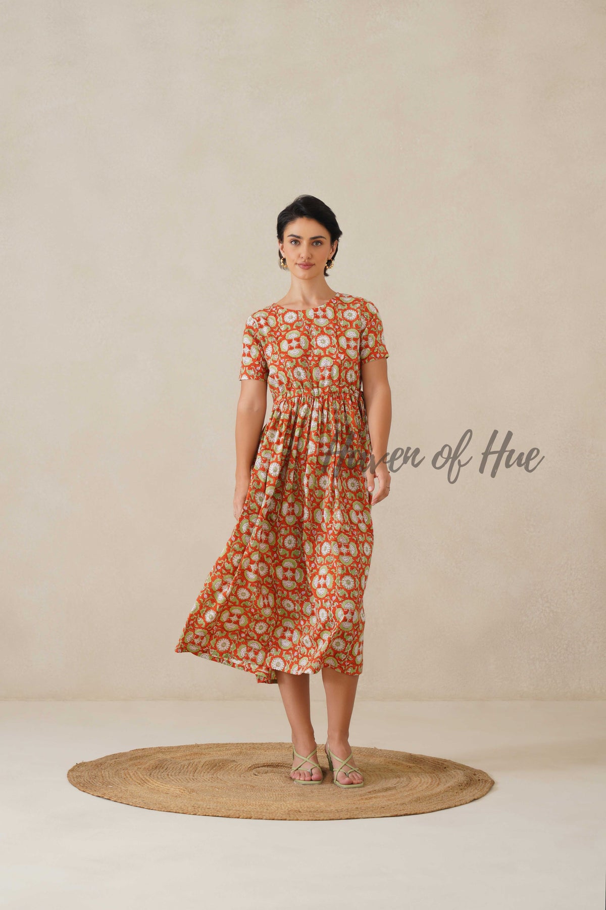 Rust Floral Cotton Midi Dress - Boho Summer Cottagecore A-Line Dress