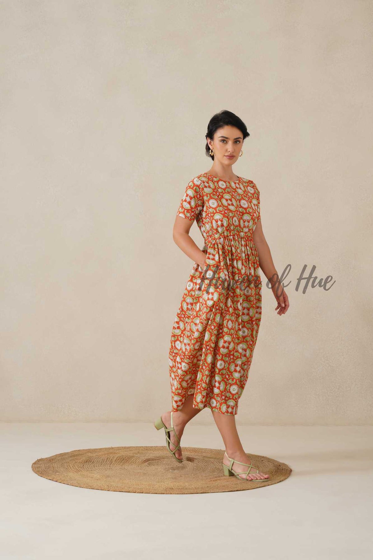 Orange Floral Hand Block Printed Cotton Midi Dress