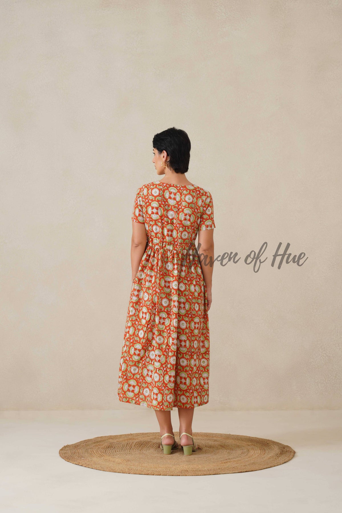 Rust Floral Cotton Midi Dress - Boho Summer Cottagecore A-Line Dress