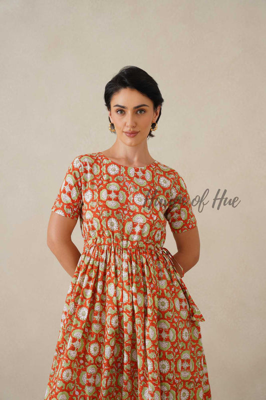Orange Floral Hand Block Printed Cotton Midi Dress