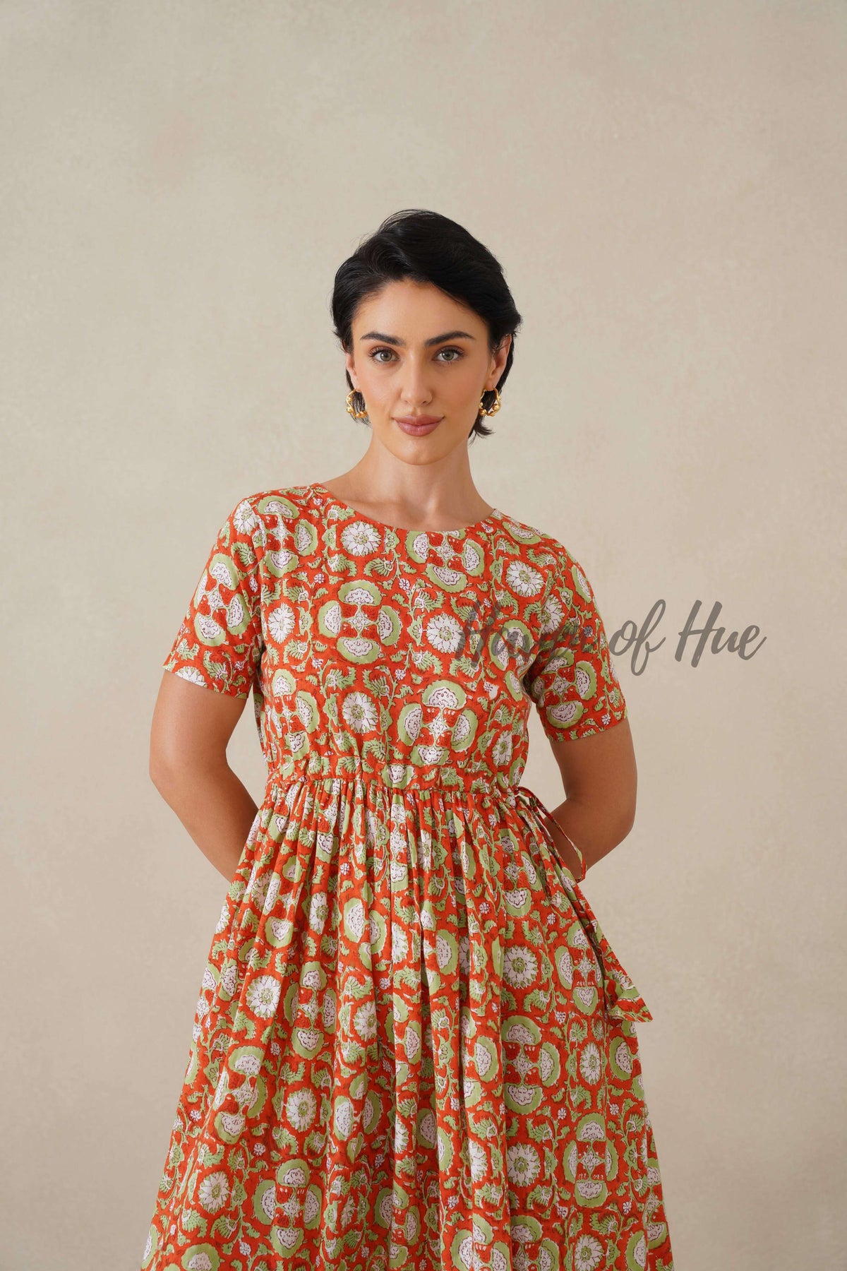 Rust Floral Cotton Midi Dress - Boho Summer Cottagecore A-Line Dress