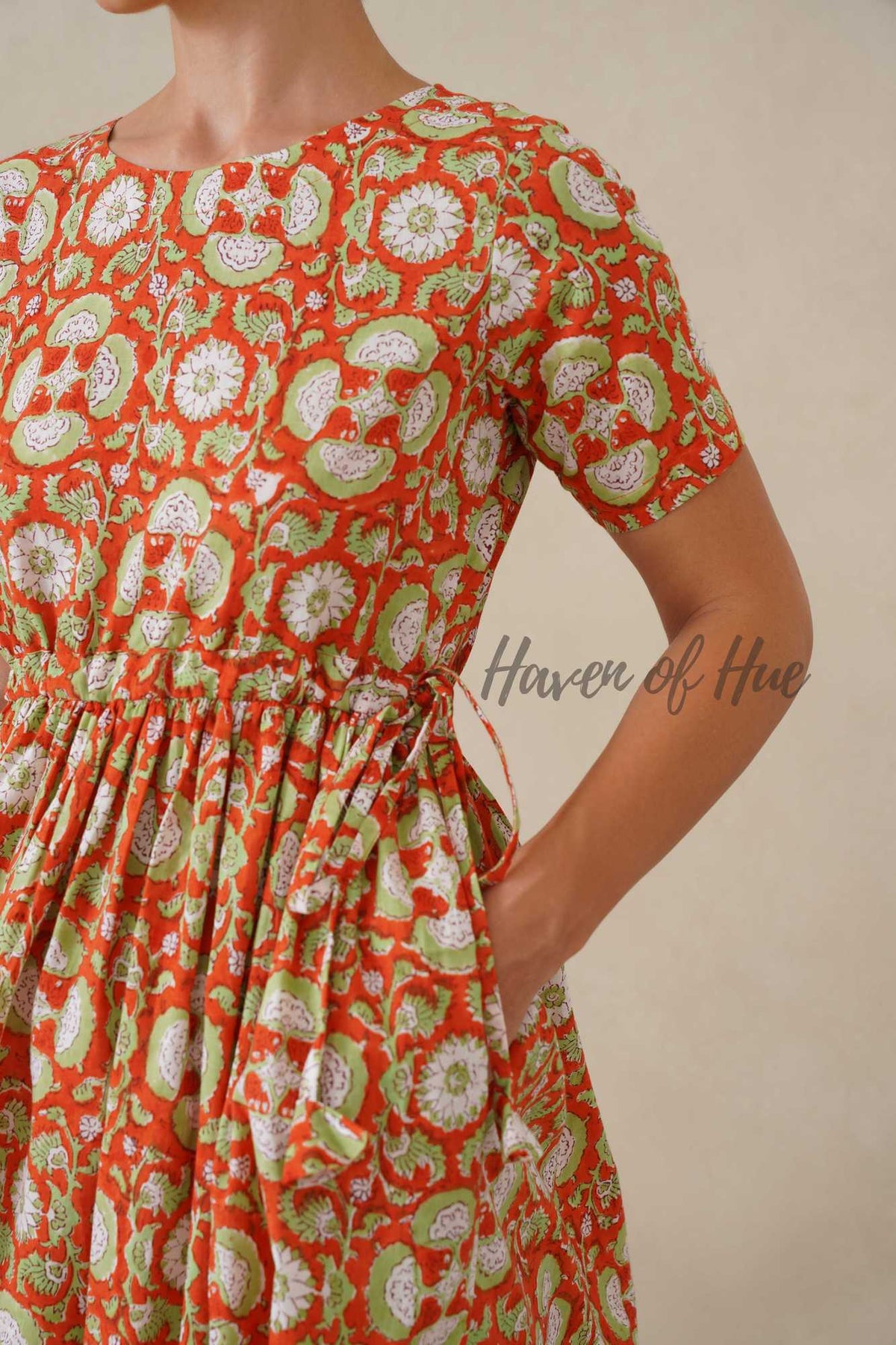 Orange Floral Hand Block Printed Cotton Midi Dress