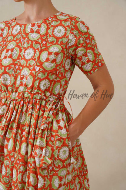 Orange Floral Hand Block Printed Cotton Midi Dress