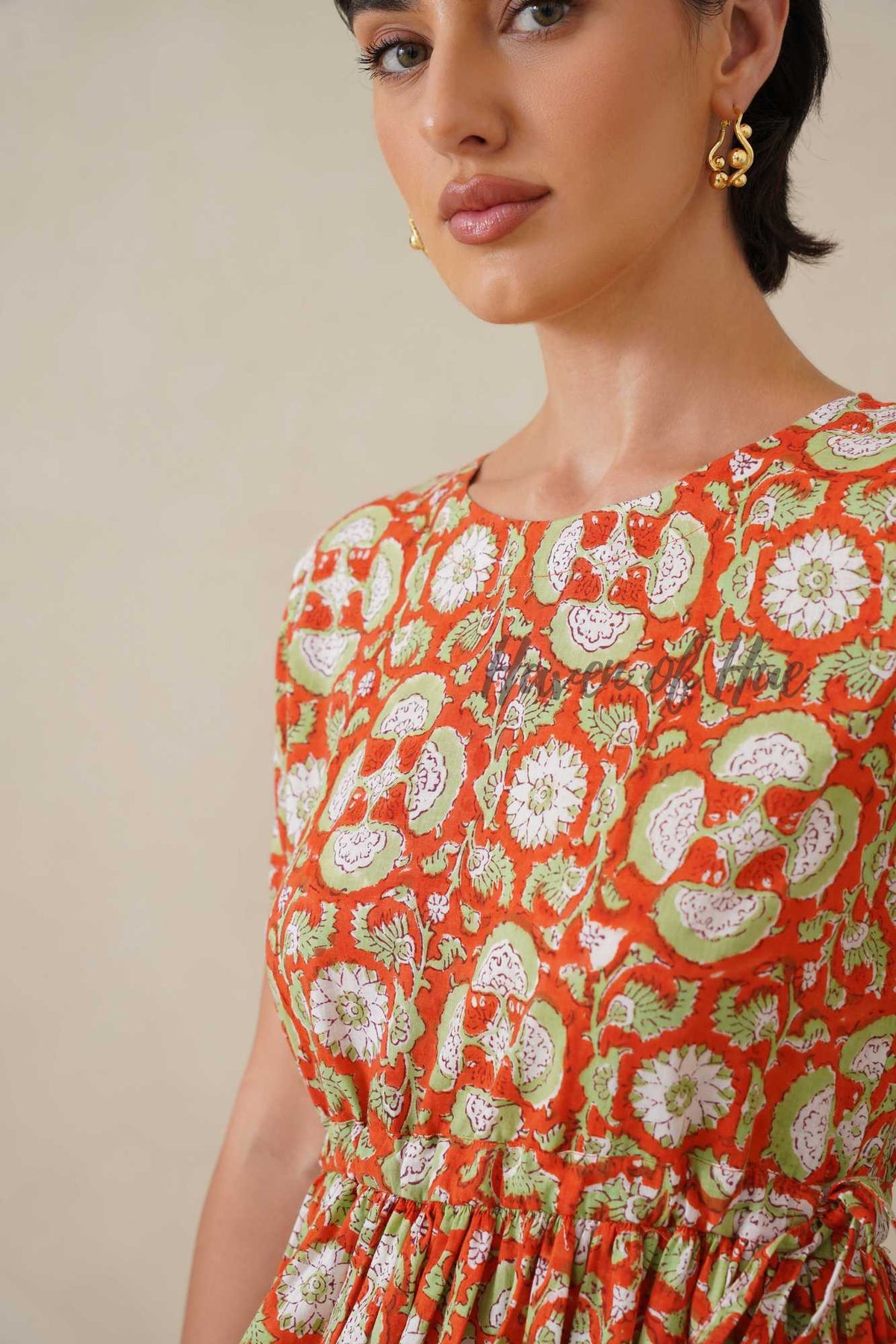 Orange Floral Hand Block Printed Cotton Midi Dress