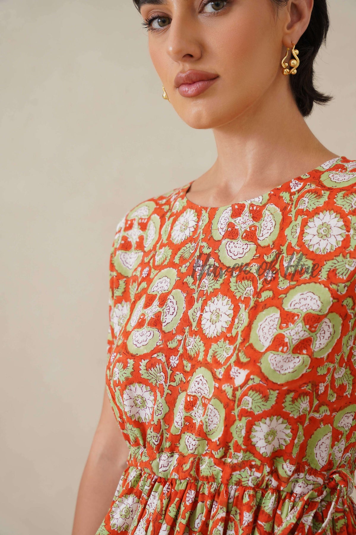 Rust Floral Cotton Midi Dress - Boho Summer Cottagecore A-Line Dress