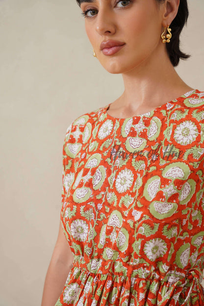 Rust Floral Cotton Midi Dress - Boho Summer Cottagecore A-Line Dress