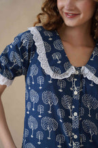 Women’s Indigo Blue Tree Print Cotton Top with Lace Peter Pan Collar