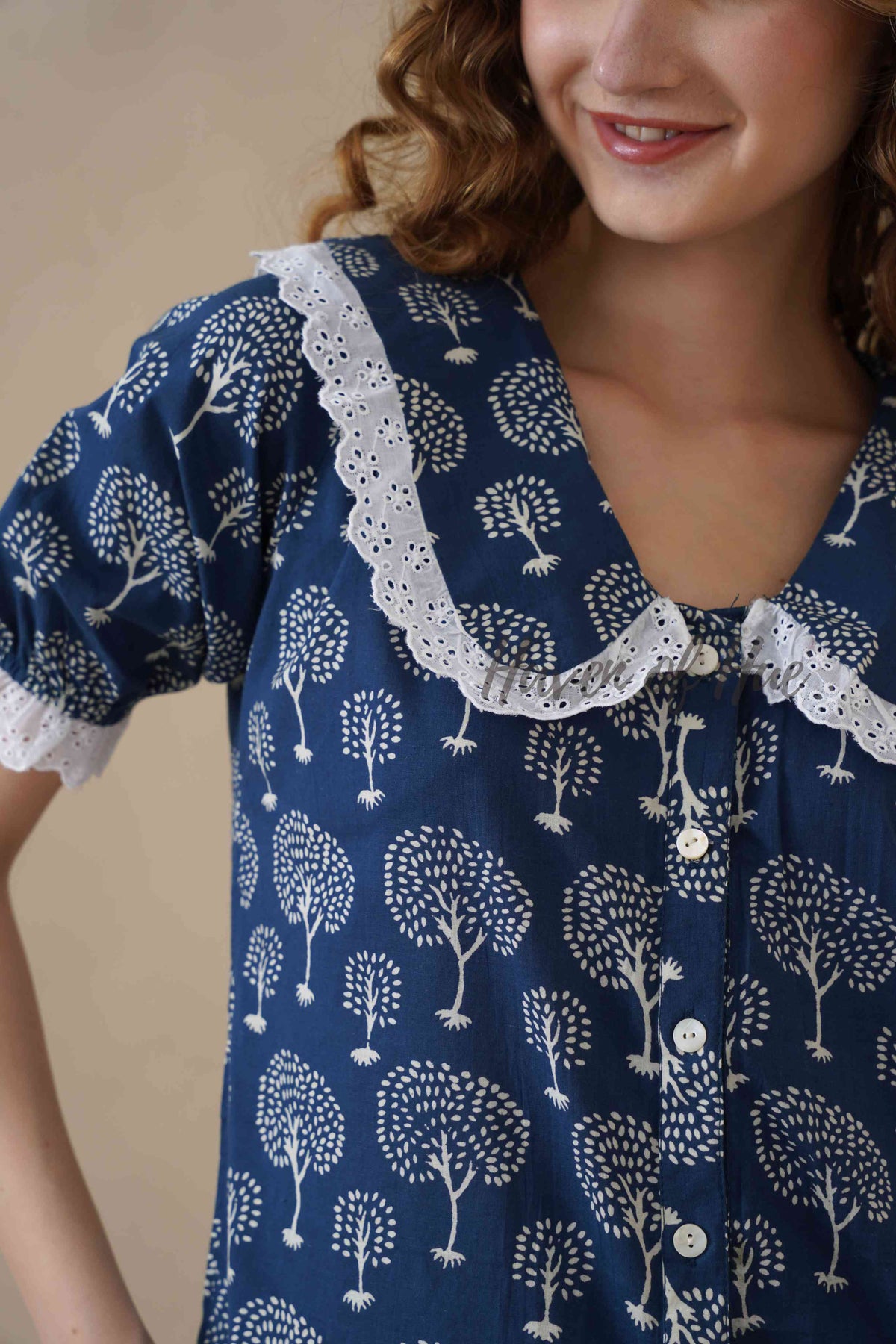 Women’s Indigo Blue Tree Print Cotton Top with Lace Peter Pan Collar