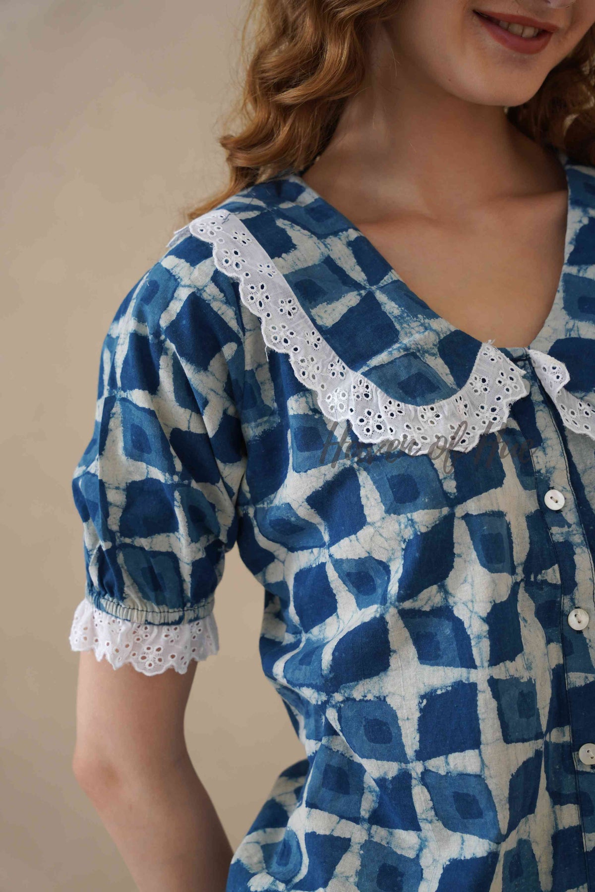Women's Indigo Hand Block Printed Cotton Top with Lace Peter Pan Collar