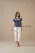 Women’s Blue Floral Cotton Block Printed Top with Lace Peter Pan Collar