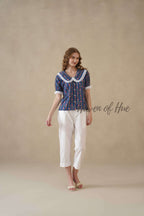 Women’s Blue Floral Cotton Block Printed Top with Lace Peter Pan Collar