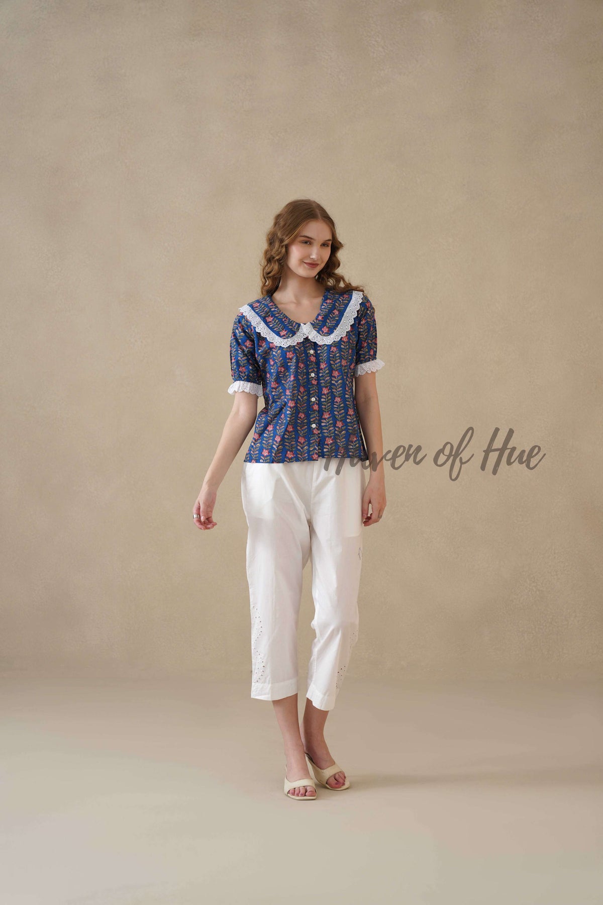 Women’s Blue Floral Cotton Block Printed Top with Lace Peter Pan Collar